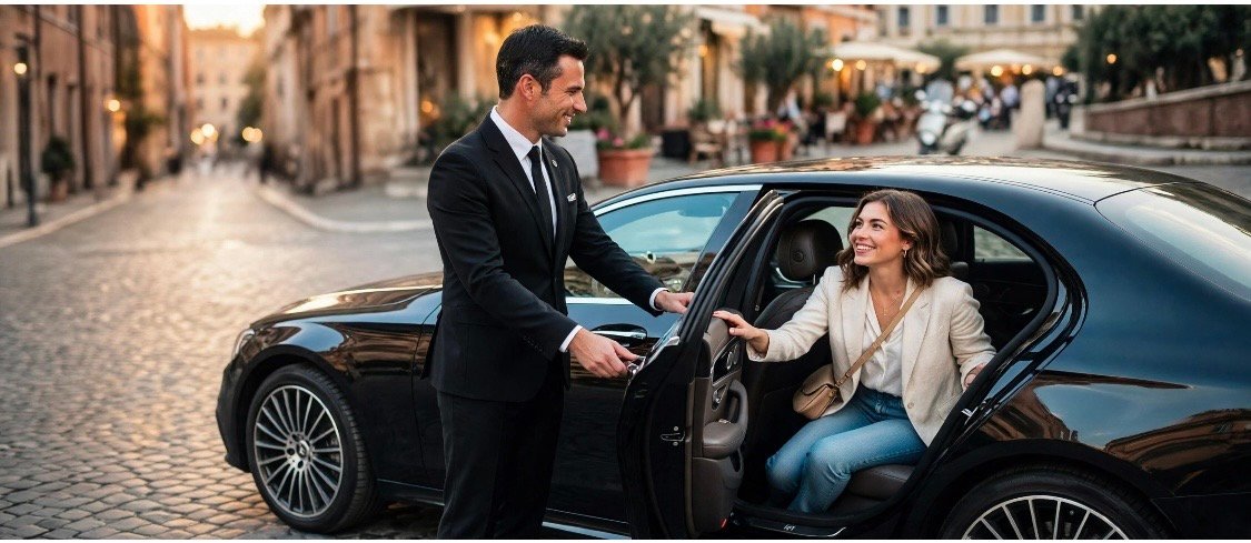 Private chauffeur in Rome helping client into black Mercedes luxury transfer - Edy Car Rome service